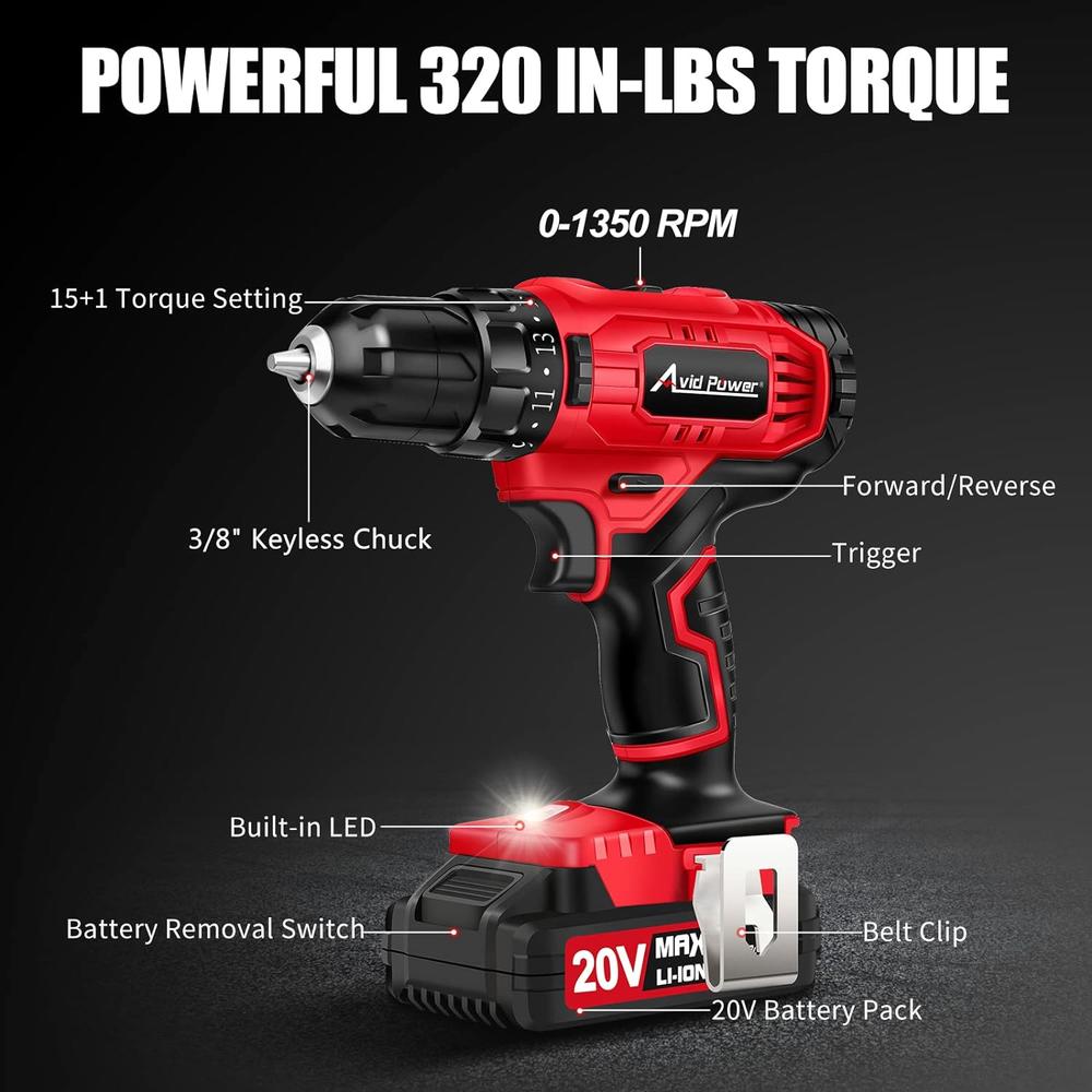 AVID POWER 20V Cordless Drill Set 320 In-lbs Torque Power Drill/Driver Kit with 41pcs Accessories and Drill Brush, 2 Variable S