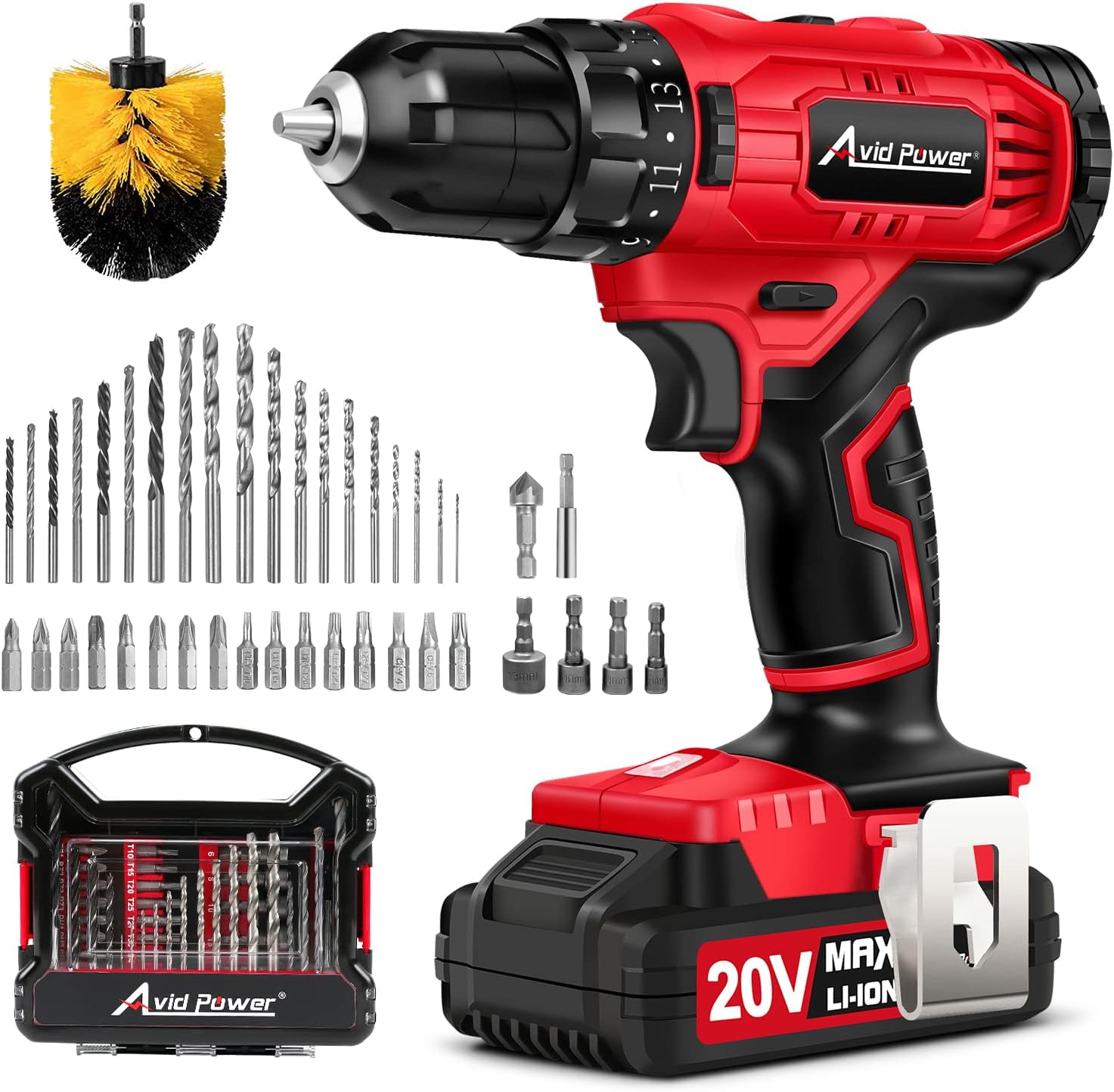 AVID POWER 20V Cordless Drill Set 320 In-lbs Torque Power Drill/Driver Kit with 41pcs Accessories and Drill Brush, 2 Variable S
