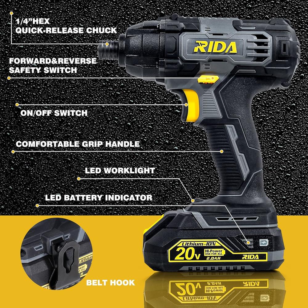 Rida Impact Driver Kit, 180Nm(1600In-Lbs) 20V Cordless Impact Drill Driver Set 1/4" All-Metal Hex Chuck 0-2800RPM Variable Spee