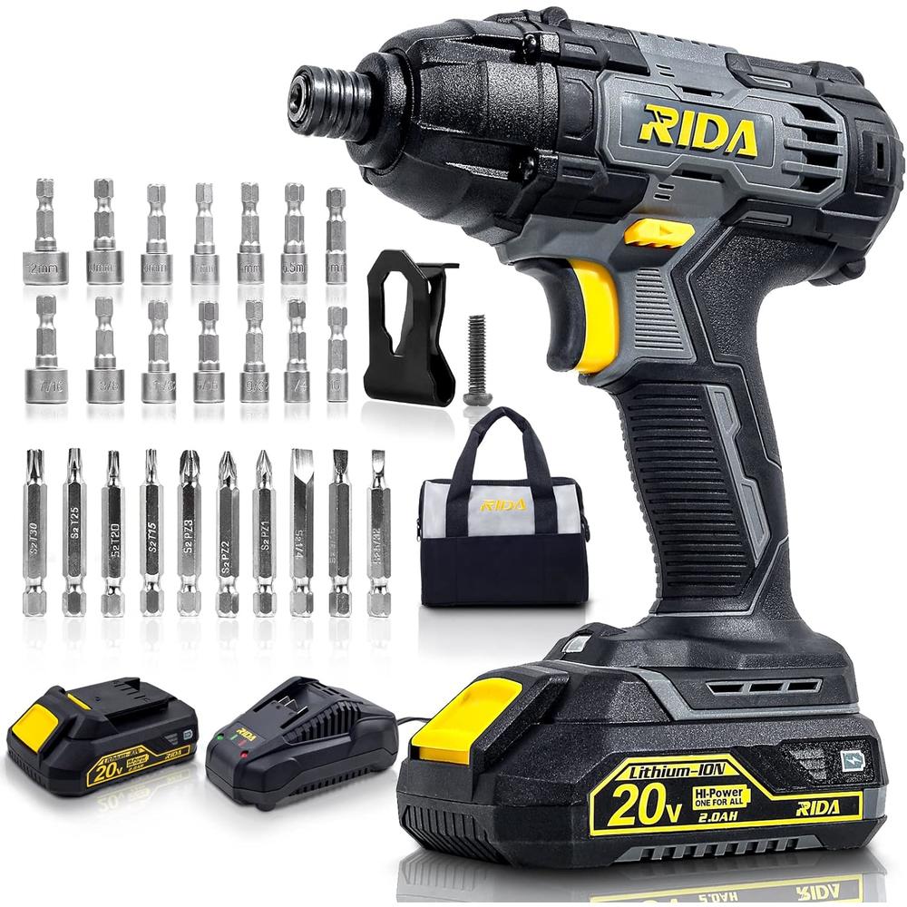 Rida Impact Driver Kit, 180Nm(1600In-Lbs) 20V Cordless Impact Drill Driver Set 1/4" All-Metal Hex Chuck 0-2800RPM Variable Spee