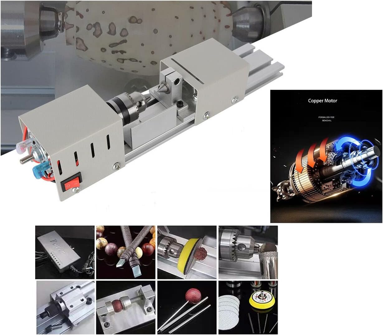 BJinegely Mini Lathe Beads Polisher Machine DIY Machining for Table Woodworking Power Wood Tool Lathe Set Grinding (Silver)