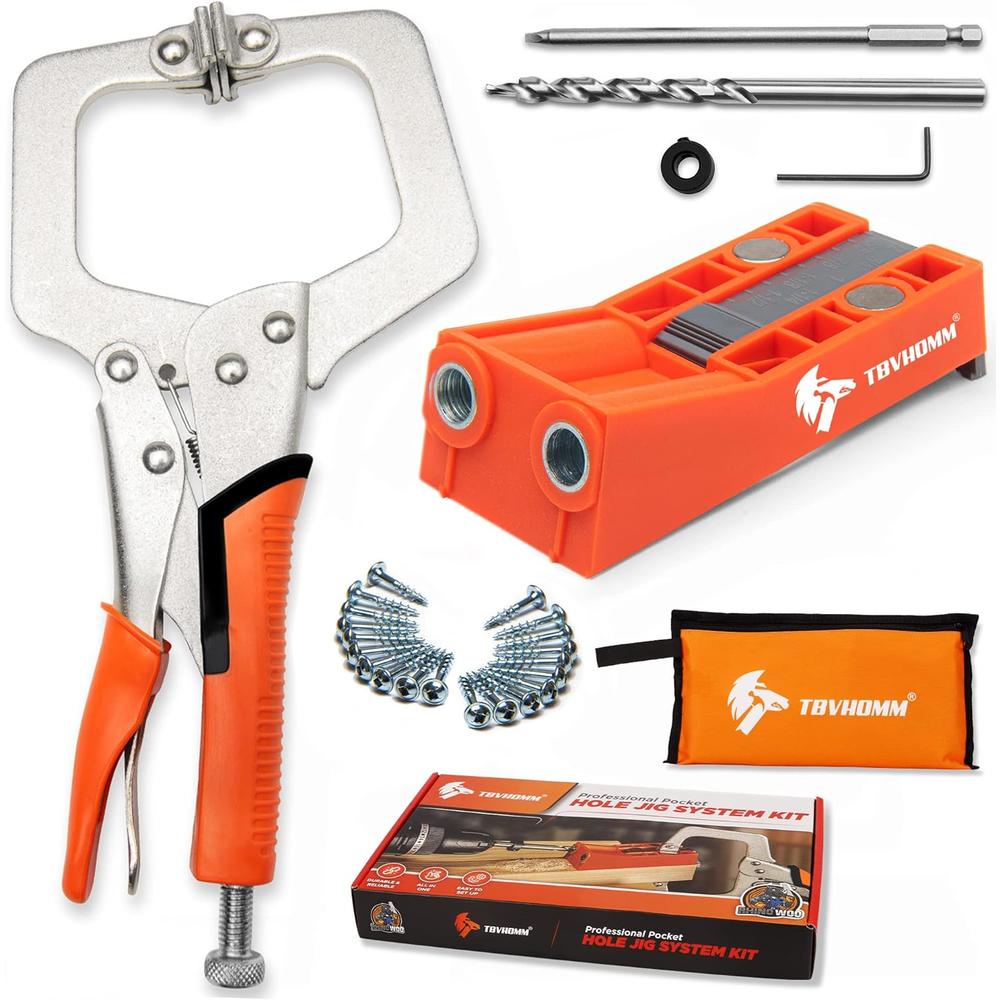 TBVHOMM Pocket Hole Jig System Kit, Pocket Screw Jig with 9 Inch Clamp, Square Driver Bit, Hex Wrench, Depth Stop Collar, Step Drill Bi