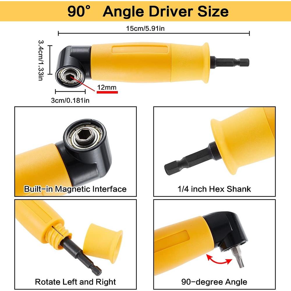 ZOTOP 90/105 Degree Right Angle Drill, 3 PCS Angle Extension Power Drill Attachment with 1/4'' Hex Impact Shank, Flexible Shaft Adapt