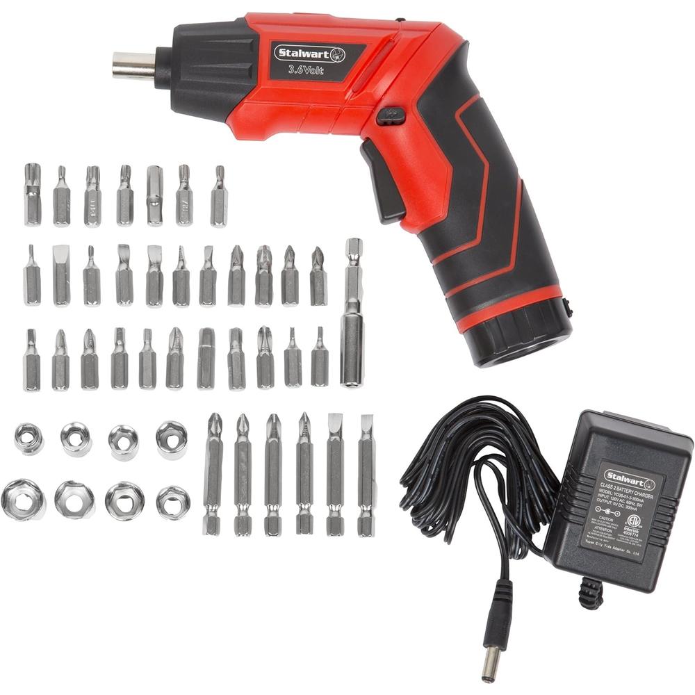 Stalwart - 75-PT1000 Pivoting Screwdriver 45 Pc. Set-Pivoting Cordless Power Tool with Rechargeable 3.6V Battery, LED Lights, Bits, Sock