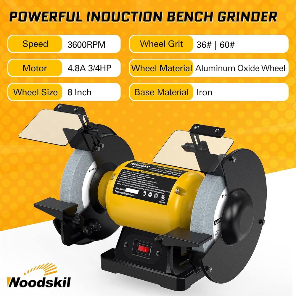 Woodskil 8-Inch Bench Grinder 4.8A 3/4HP 3600rpm Table Grinder With Two Protective Eye Masks And Two Grinding Wheels Multipurpose Grinde