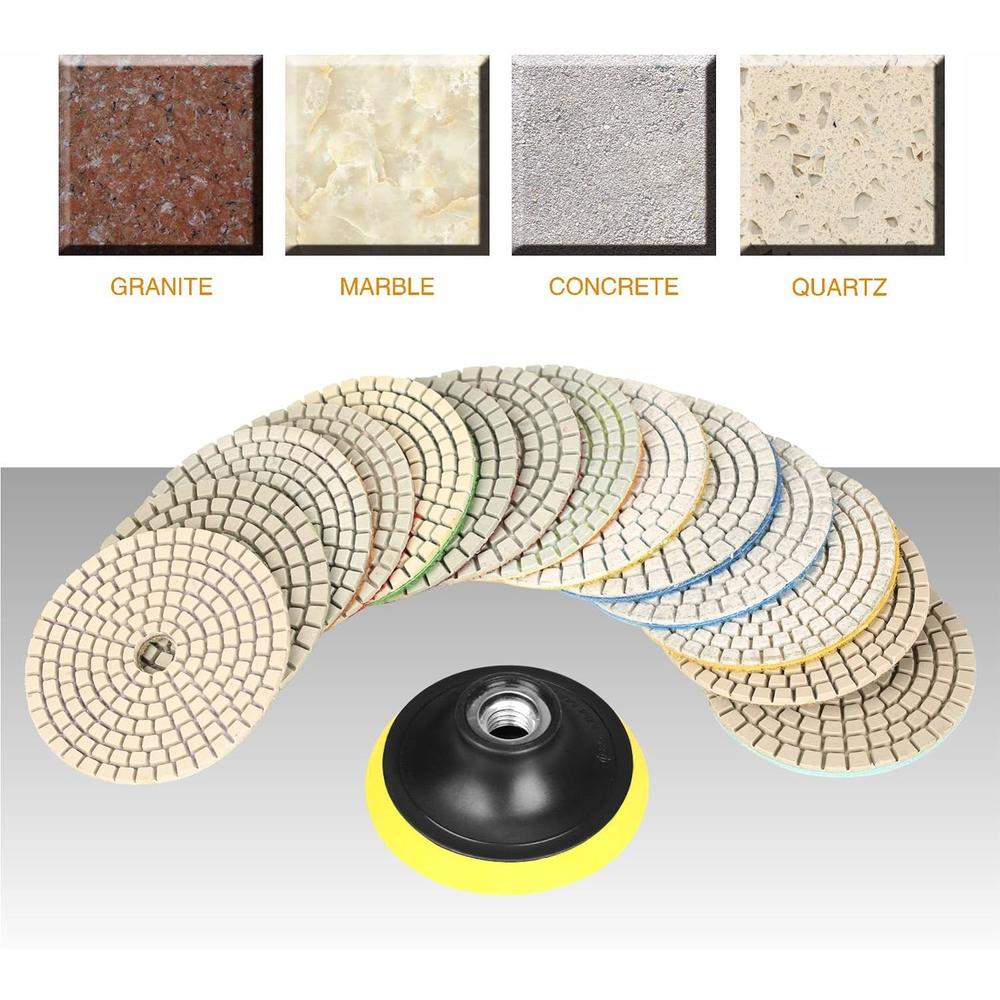 SPTA 15pcs Diamond Wet Polishing Pads Set, 4 inch Pads for Granite Stone Concrete Marble Floor Grinder or Polisher, 50#-6000# with H