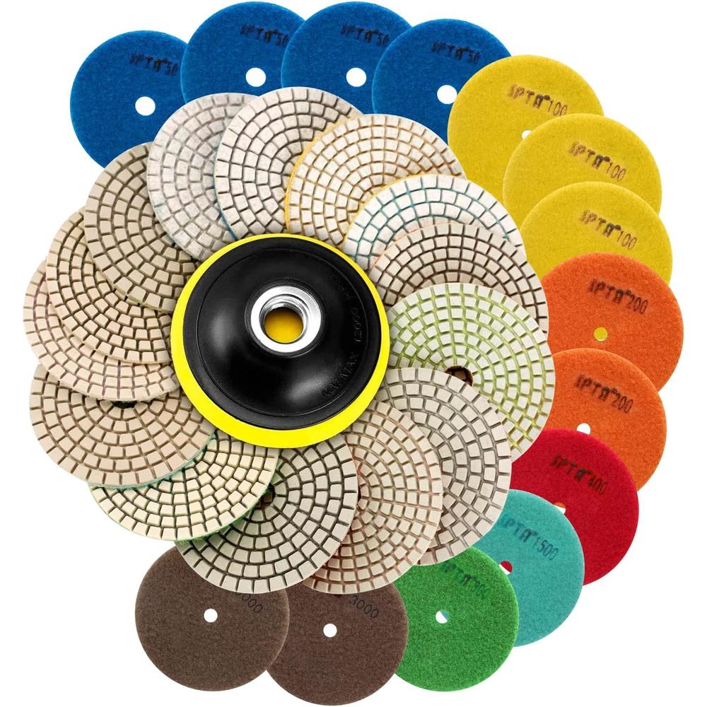 SPTA 15pcs Diamond Wet Polishing Pads Set, 4 inch Pads for Granite Stone Concrete Marble Floor Grinder or Polisher, 50#-6000# with H
