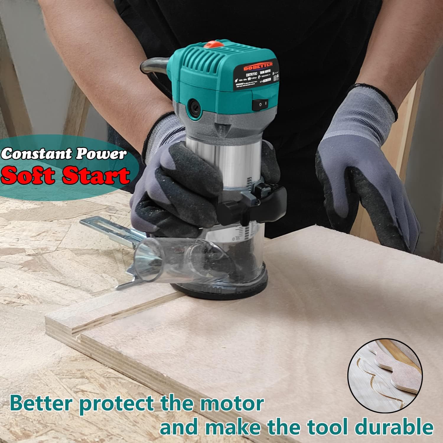 Dobetter 6.5-Amp Wood Router Tool, 1.25 HP Compact Trim Router with 6 Variable Speed, 12 Wood Router Bits, 1/4"
