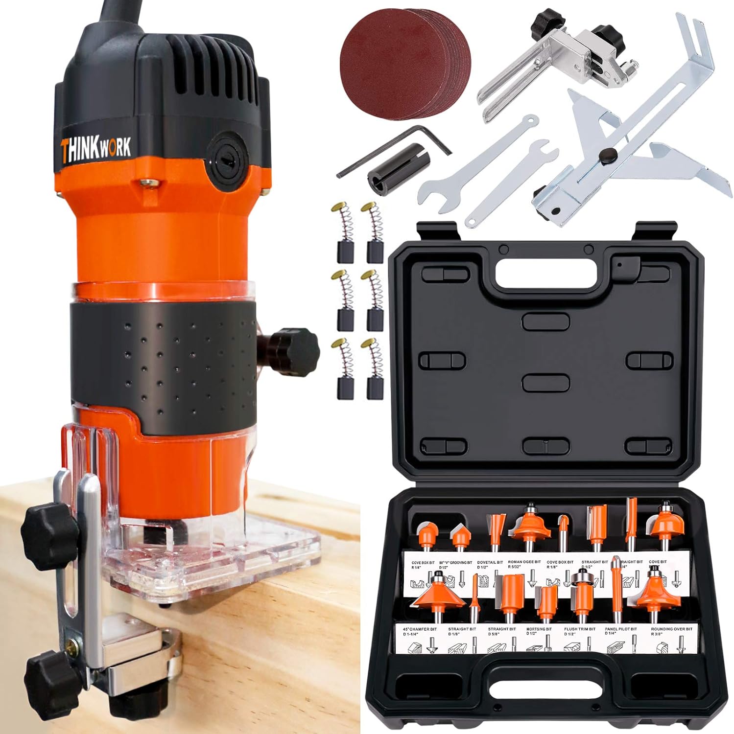Thinkwork Compact Router, 6.5-Amp 1.25 HP Compact Wood Palm Router Tool Kit, Wood Trimmer with 15 pieces 1/4" Router Bits Set, 30000
