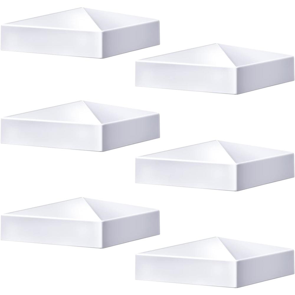 Taiyin Pyramid White PVC Vinyl Post Top Caps, Fence Post Caps, Deck Post Caps for Vinyl Fence Post (6 Pcs, 5 x 5 Inch)