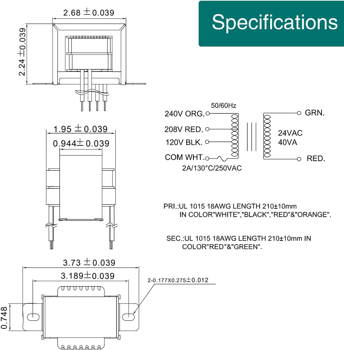 Fiada Control Transformer 40VA, Primary 120, 208, 240V Secondary 24V, HVAC Furnace Multi Tap