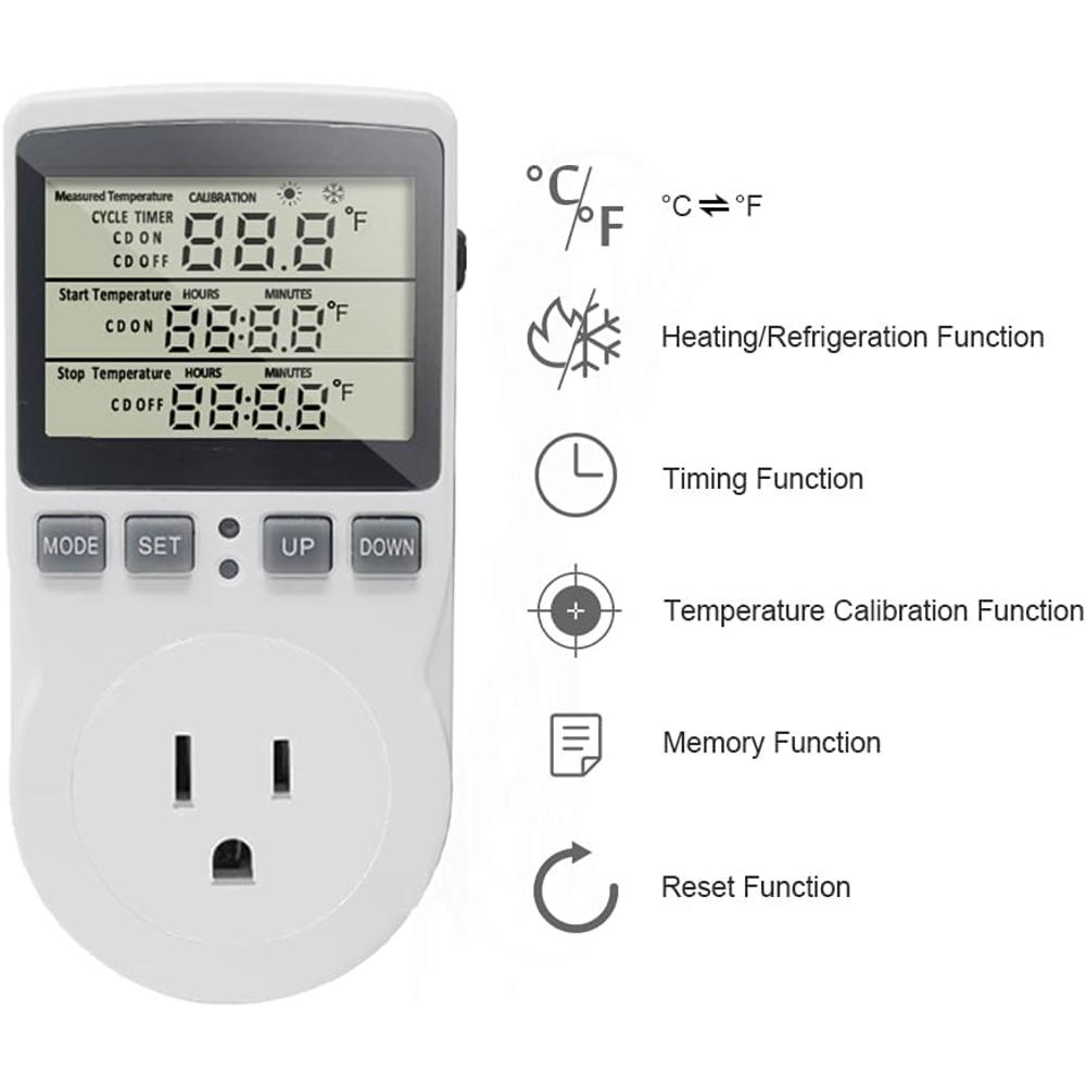 KETOTEK Digital Thermostat Plug Socket Temperature Controller Outlet 3m Probe 120V 15A 1800W C F Heating Cooling Control for Incubator