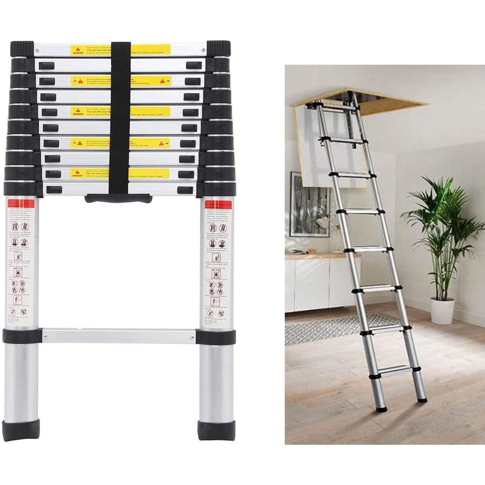 DICN Factory Telescoping Loft Ladder Extension Ladders 10.5ft 330lbs Max Load for Attic Loft RV Roof Home Office, Aluminum Light Weight Easy