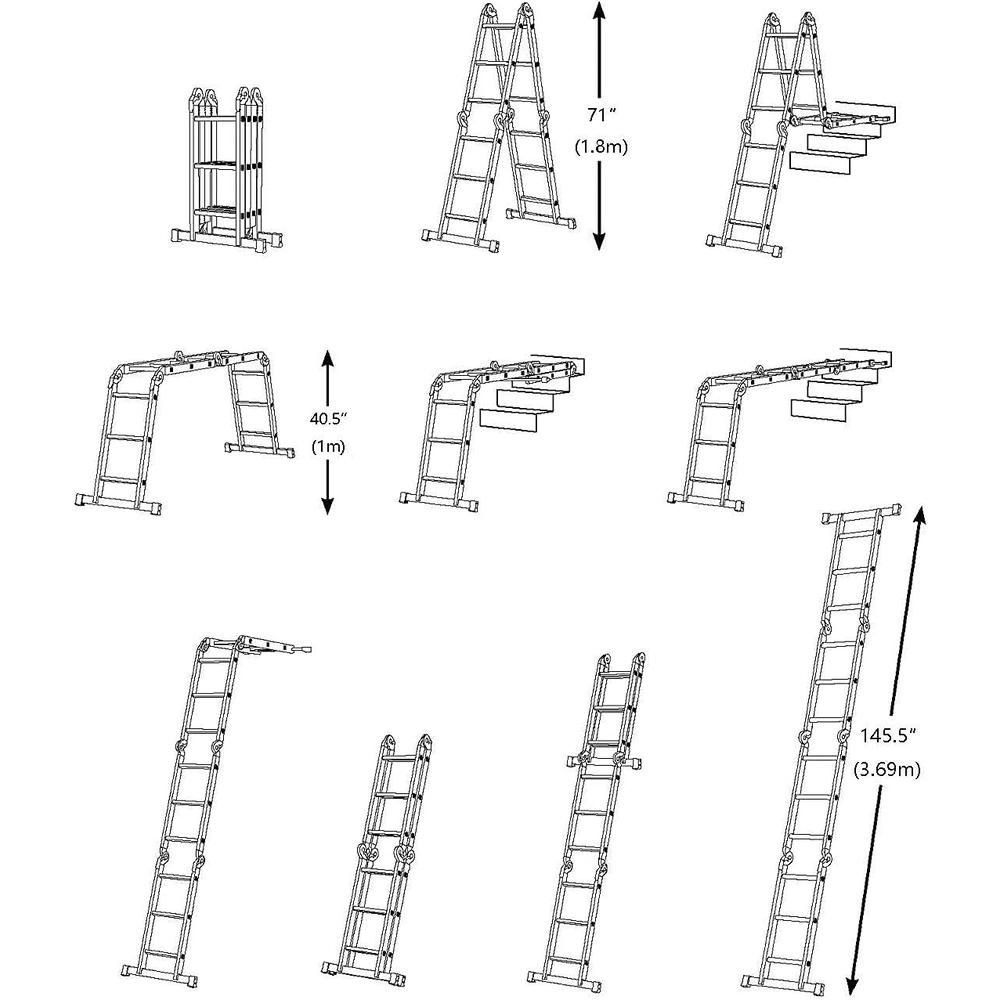 LUISLADDERS Folding Ladder Multi-Purpose Aluminium Extension 7 in 1 Step Heavy Duty Combination EN 131 Standard (12.5 Feet)