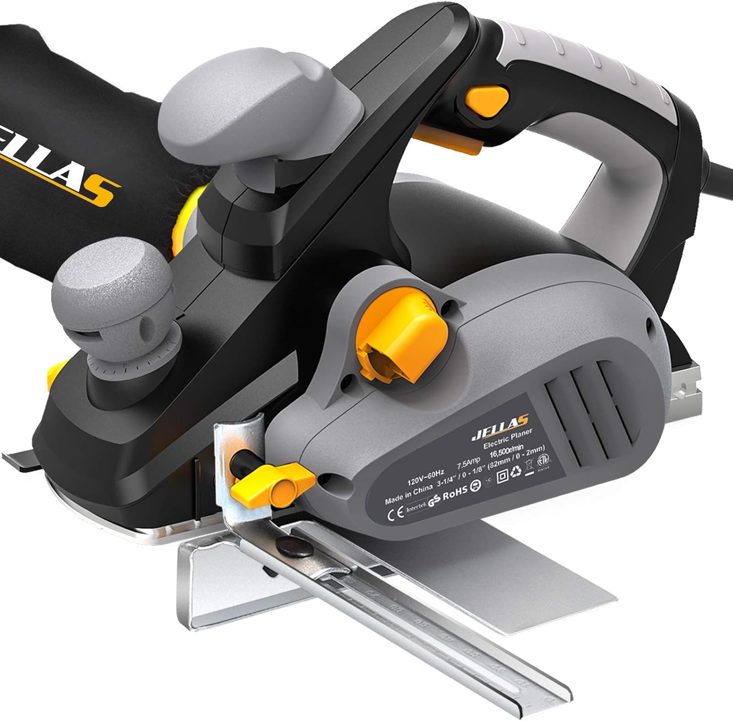 Jellas Electric Planer, JELLAS 7.5-Amp 16500 Rpm Power Hand Planer, 3-1/4 Inch Cut Width, Dual-dust out System, Dual-handle Design, Bl