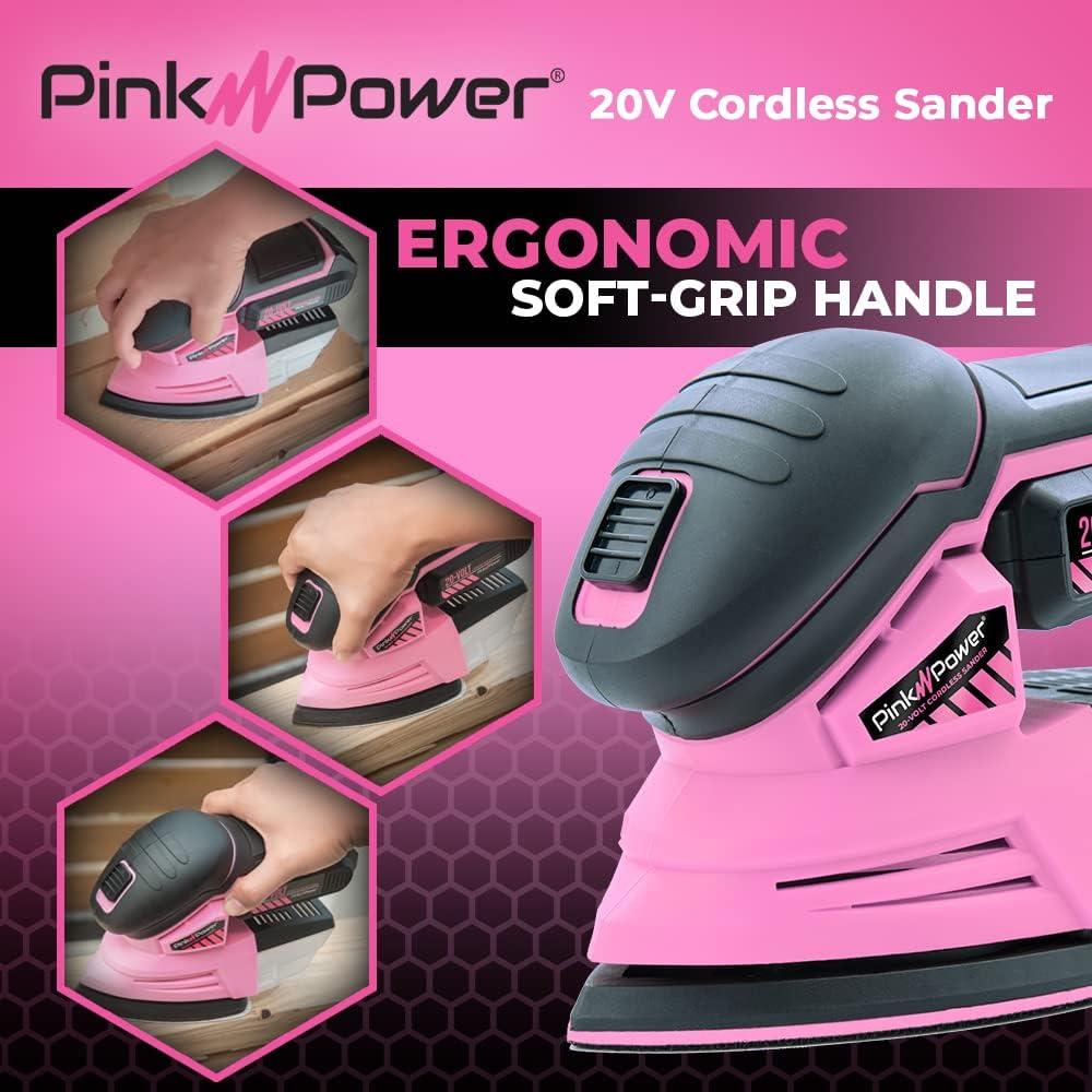 Pink Power Detail Sander for Woodworking 20V Cordless Electric Hand Sander for Wood Furniture - Mini Palm Sander Tool with Sandpaper, Li-I