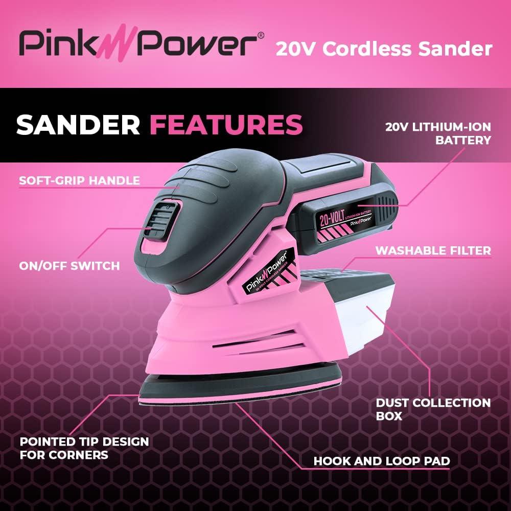 Pink Power Detail Sander for Woodworking 20V Cordless Electric Hand Sander for Wood Furniture - Mini Palm Sander Tool with Sandpaper, Li-I