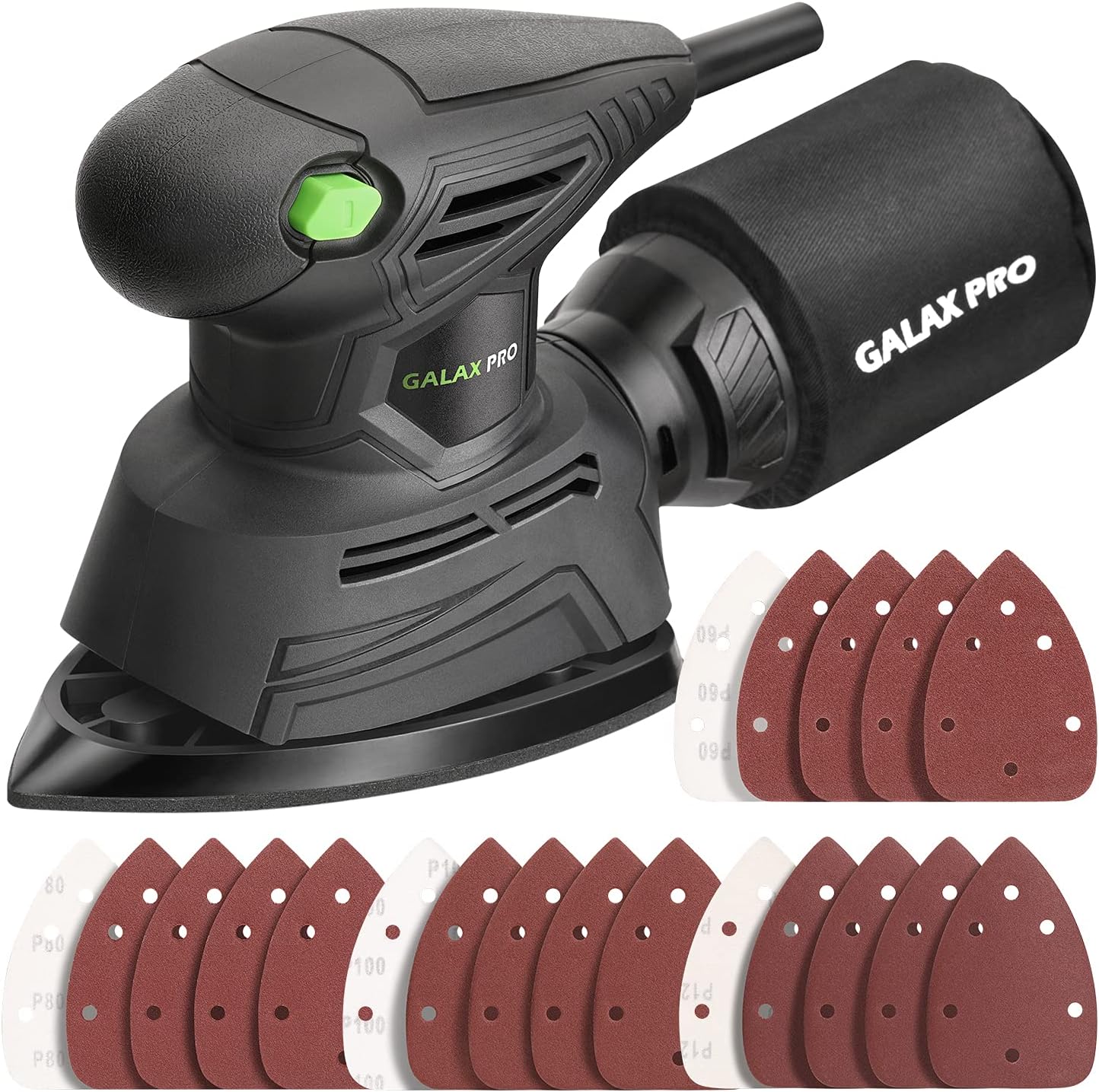 GALAX PRO Detail Sander, 1.1A Powerful Motor, 14000 OPM Compact Electric Sander with 16Pcs Sandpapers and Dust Bag, Soft Grip Handle for