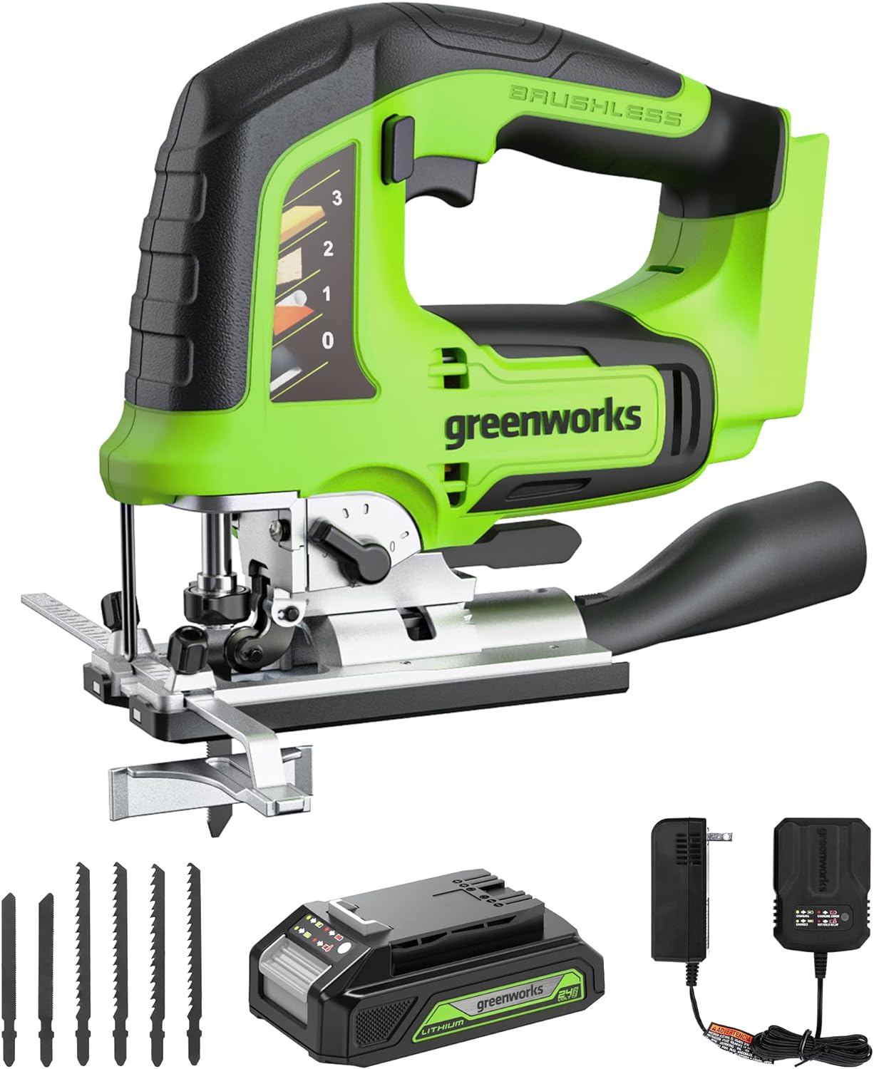 Greenworks 24V Jigsaw Brushless Cordless - 3000 SPM, 4 Orbital Settings, Variable Speed, with 2AH Battery and 2A Charger, 6PCS