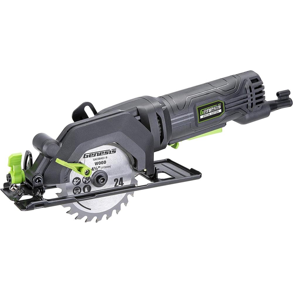 Genesis GCS445SE 4.0 Amp 4-1/2" Compact Circular Saw with 24T Carbide-Tipped Blade, Rip Guide, Vacuum Adapter, and Blade Wrench