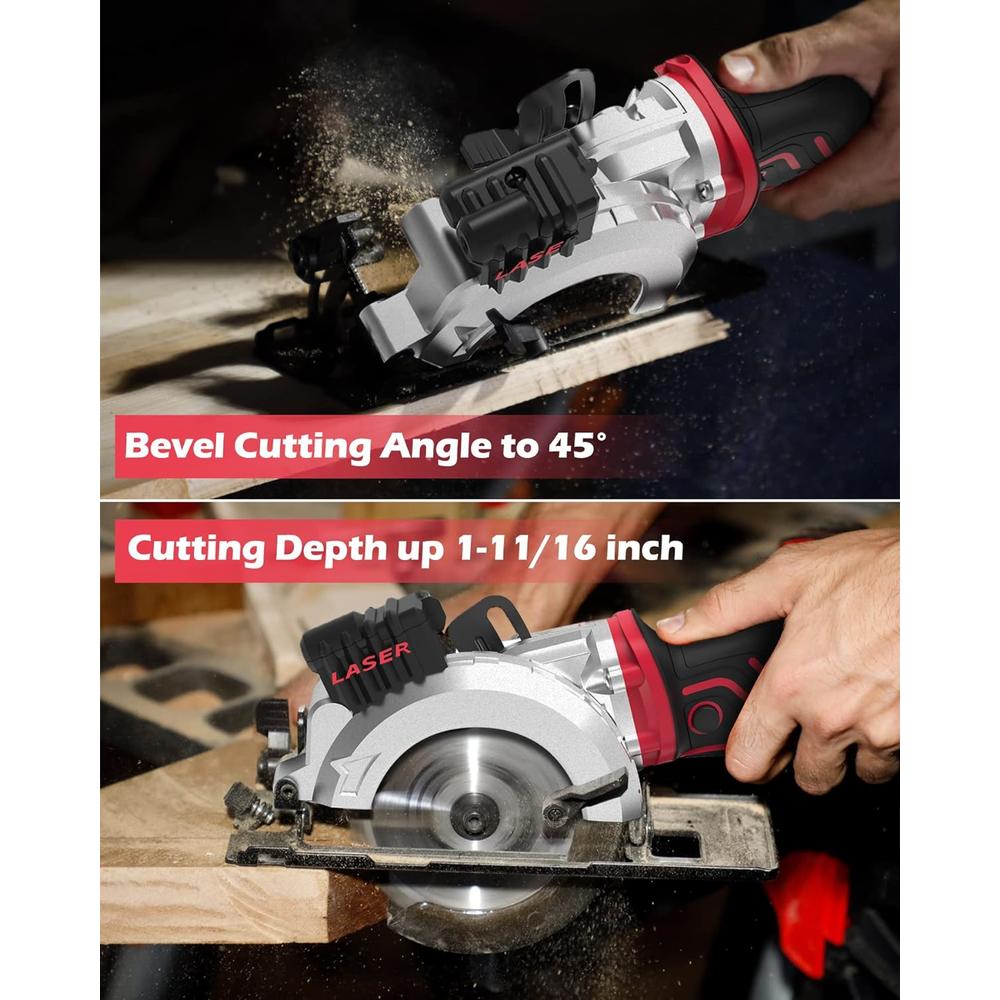 PowerSmart Mini Circular Saw, 5.8 Amp 4-1/2 Inch Compact Circular Saw with Laser Guide, 6 Blades, 3500 RPM, Max Cutting Depth 1-11/16