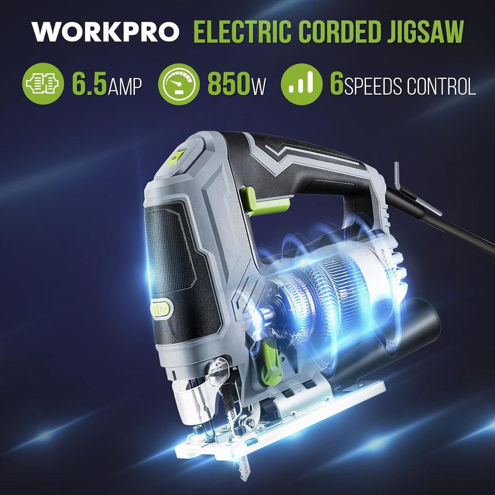WORKPRO Jigsaw, 6.5AMP 850W Corded Electric Jig Saw Tool Kit with 6 Variable Speeds, 7 Blades, &#194;&#177;45&#194;&#17
