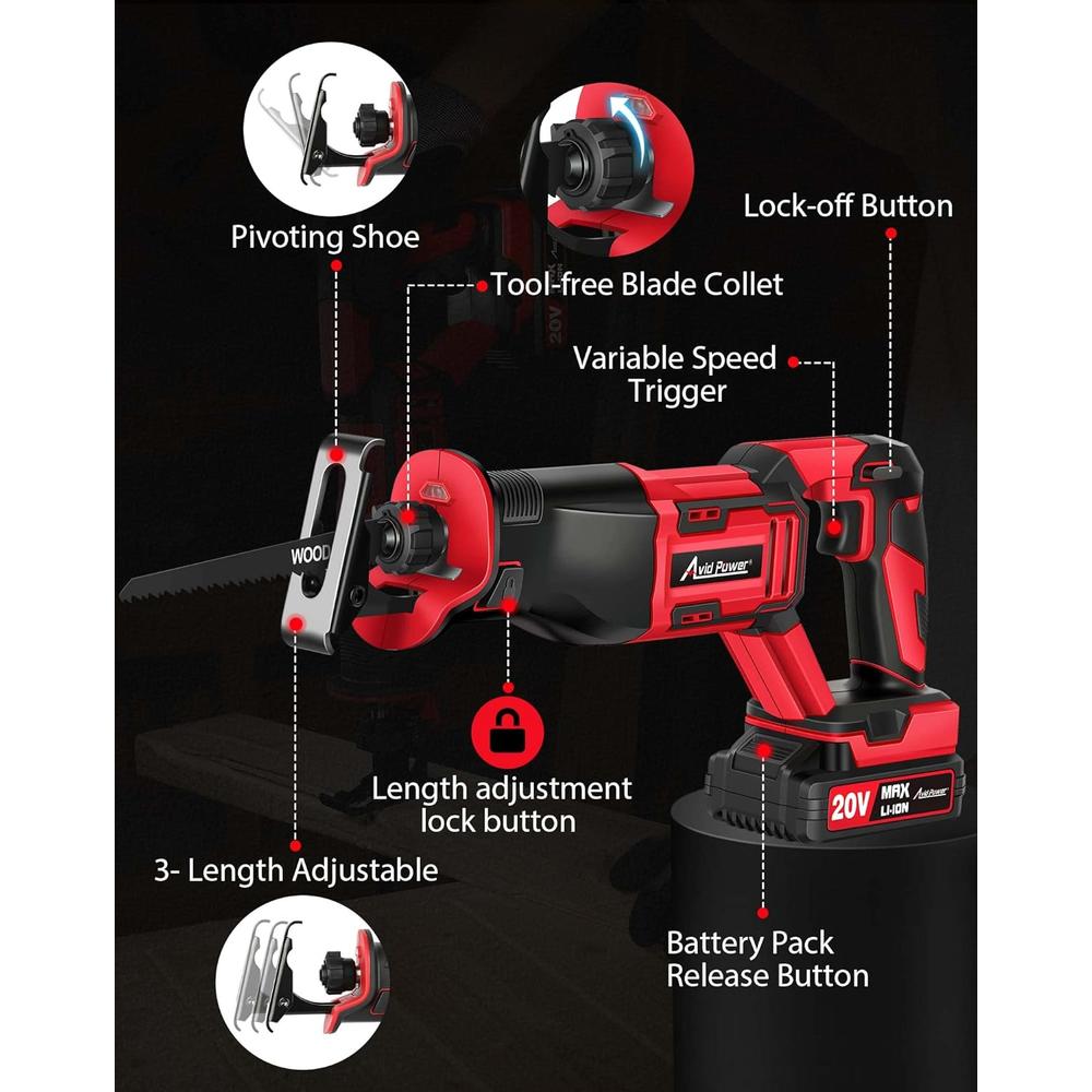 AVID POWER Reciprocating Saw, 20V Cordless Reciprocating Saw with Two 2.0Ah Batteries and Charger, 6 Saw Blades, Variable Speed