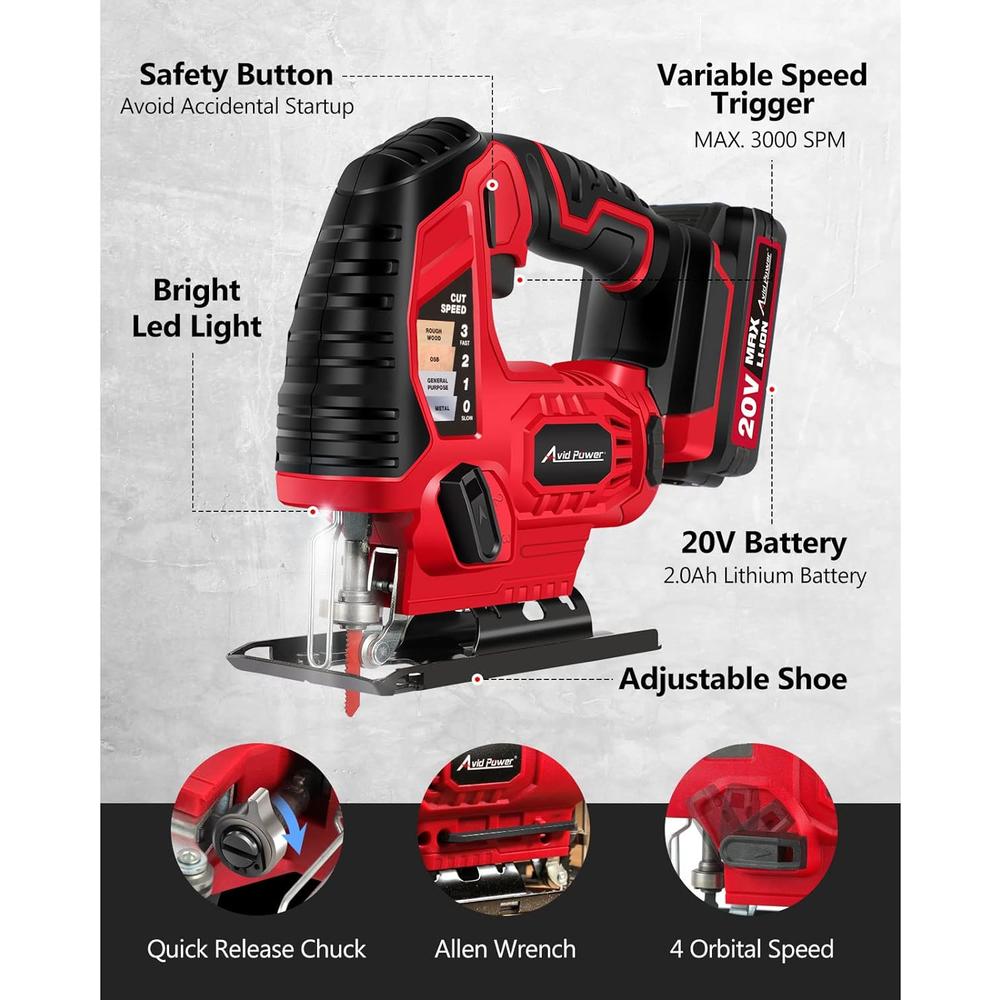 AVID POWER Jig Saw, 20V Electric Cordless Jigsaw with 2.0A Battery and Charger, 10PCS Blades, 3000 SPM Adjustable Speed, &#