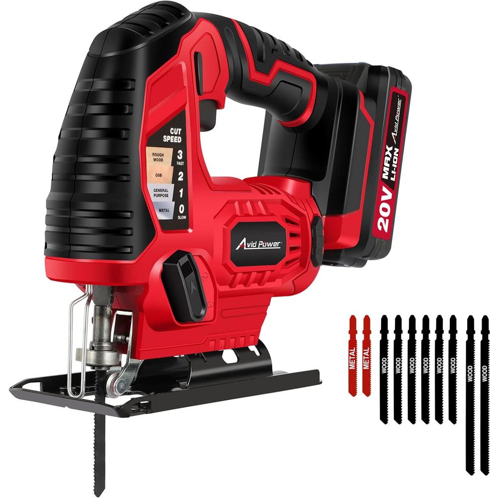 AVID POWER Jig Saw, 20V Electric Cordless Jigsaw with 2.0A Battery and Charger, 10PCS Blades, 3000 SPM Adjustable Speed, &#