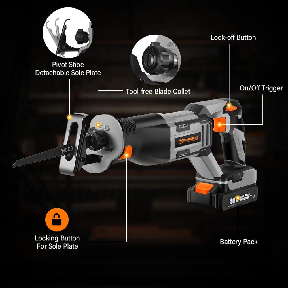 Worksite Reciprocating Saw, 20V Cordless Reciprocating Saw w/2.0Ah Battery
