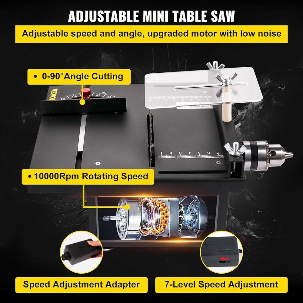 VEVOR Mini Table Saw, 96W Hobby Table Saw for Woodworking, 0-90 Angle Cutting Portable DIY Saw, 7-Level Speed Adjustable Multifunctio