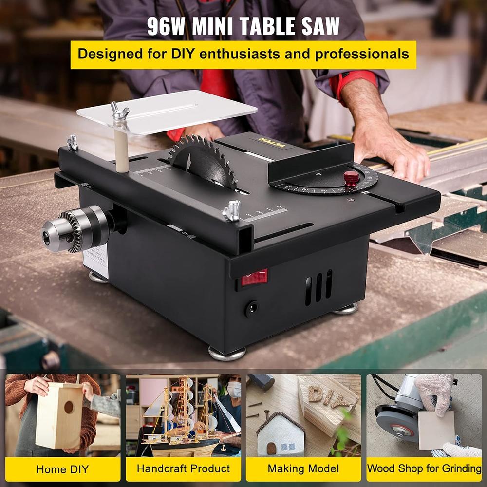 VEVOR Mini Table Saw, 96W Hobby Table Saw for Woodworking, 0-90 Angle Cutting Portable DIY Saw, 7-Level Speed Adjustable Multifunctio