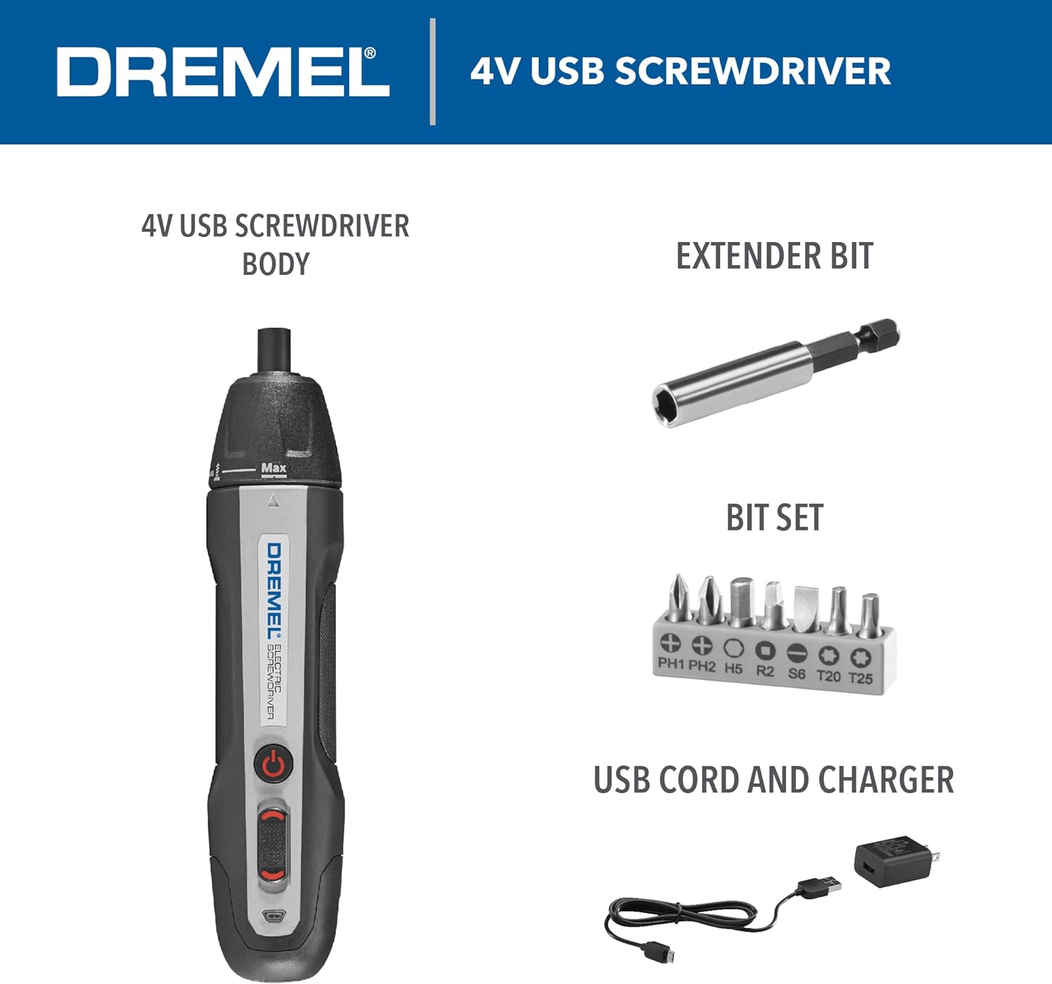 Dremel HSES-01 4V Cordless USB Rechargeable Electric Screwdriver Kit with 6 Power Settings and Smart Stop Technology - Includes 7 Scre