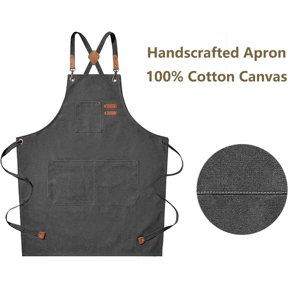 Generic AFUN Chef Aprons for Men Women with Large Pockets, Cotton Canvas Cross Back Heavy Duty Adjustable Work Apron, Size M to XXL(Gre