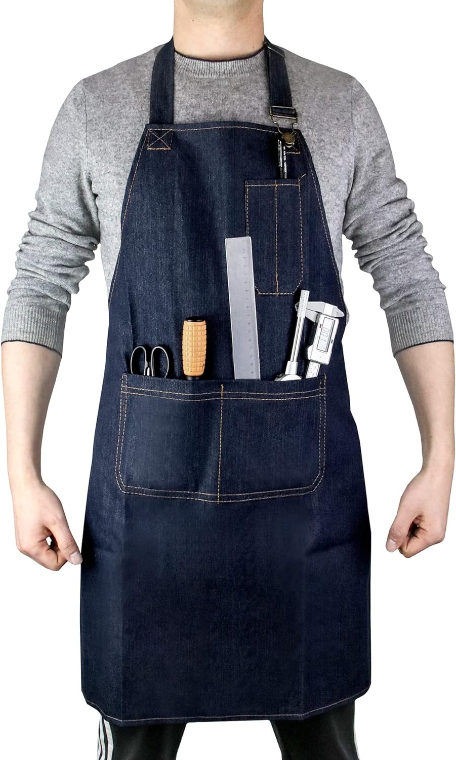 Generic QWORK Heavy Duty Denim Work Apron With Pockets, Adjustable Jean Tool Apron for Men and Women