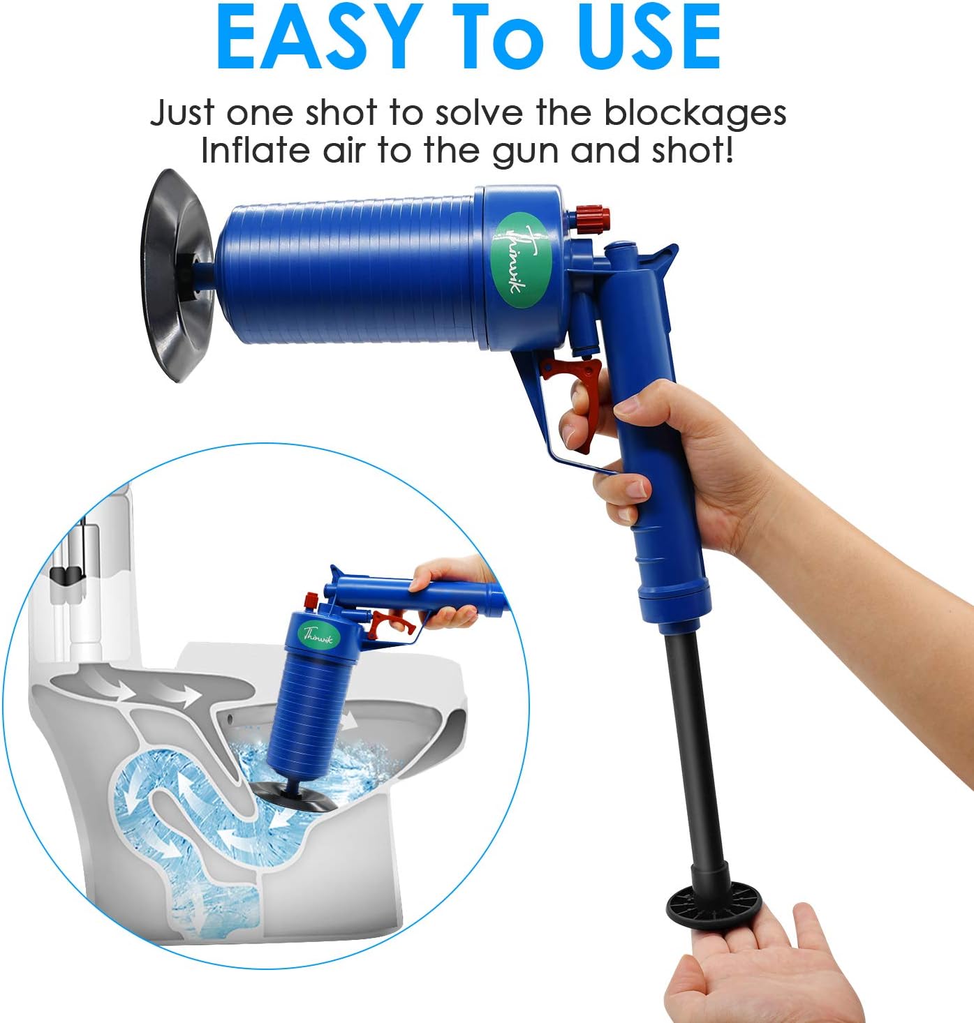 Generic Thinvik Power Toilet Plunger Set Drain Clog Remover Tool Drain Snake Tub Drain Cleaner Opener Air Drain Blaster Gun Bellows Plu