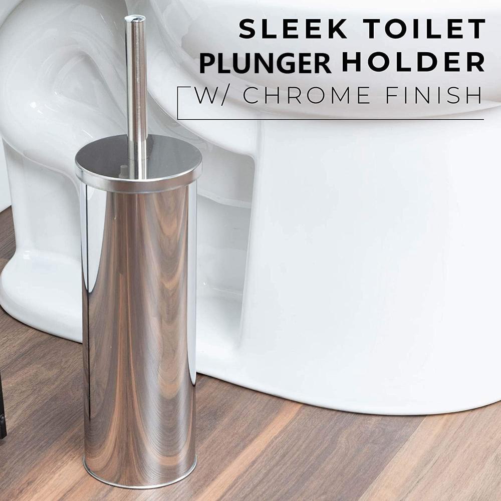 Gecious Chrome Toilet Plunger with Holder Bathroom Metal Canister Holder Drip Cup, Heavy Duty, Deep Cleaning Silver
