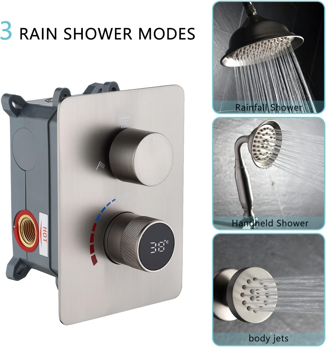 &#226;&#128;&#142;WHSHOWER 3 Functions Brass Shower Diverter Valve Shower Faucet Valve Bathroom Shower Mixer Valve LED Digital Display Mixer Valve in Brus