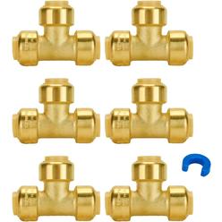 SUNGATOR 6-Pack 1/2-Inch Push Fit Plumbing Tee, Push-to-Connect Plumbing Fittings, Brass Pipe Connector T Fittings for Copper, PEX, CPVC