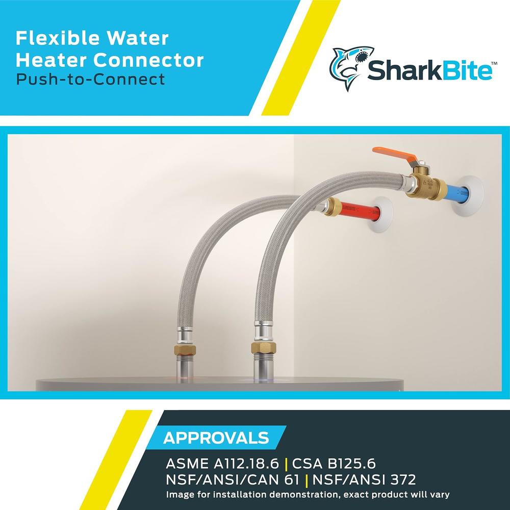 SHARKBITE 3/4 Inch Ball Valve x 3/4 Inch FIP x 18 Inch Stainless Steel Braided Flexible Water Heater Connector, Push To Connect Brass Plu