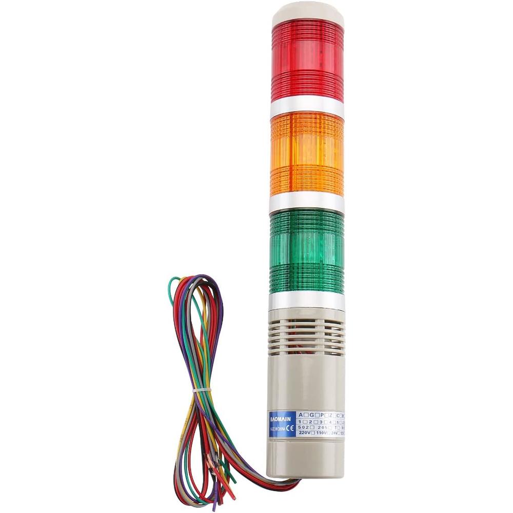 Baomain Industrial Signal Light Column LED Alarm Round Tower Light Indicator Flash Light Warning Light Buzzer Red Green Yellow AC 110V