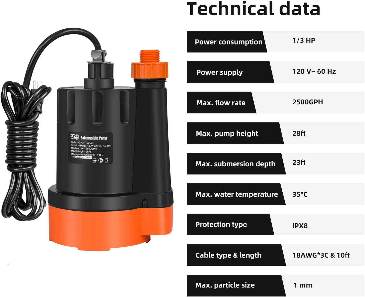 Prostormer Submersible Water Pump, 1/3HP 2500GPH Utility Pump Portable Electric Clean Water Drainage Pump for Pool Draining, Flooding, Swi