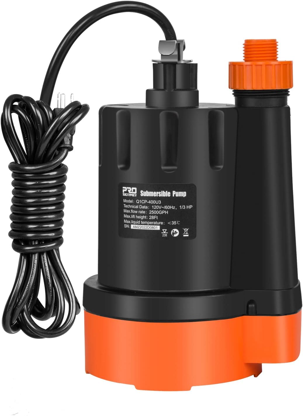 Prostormer Submersible Water Pump, 1/3HP 2500GPH Utility Pump Portable Electric Clean Water Drainage Pump for Pool Draining, Flooding, Swi