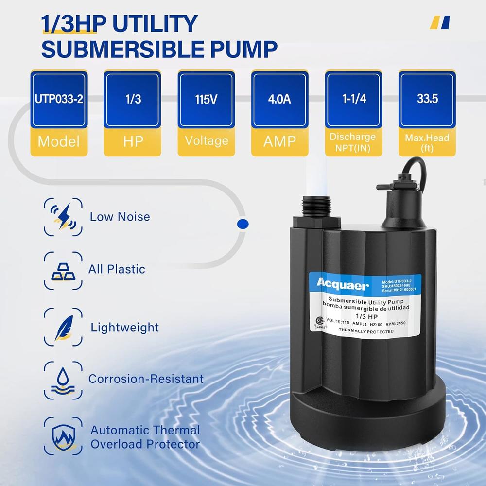 Acquaer 1/3 HP Submersible Water Pump 2160GPH Sump Pump Thermoplastic Utility Pump Portable Electric Water Pump Water Remove for Baseme