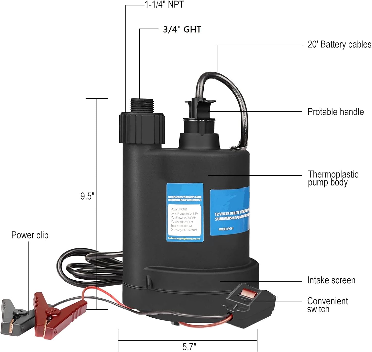 FLOWPAC Water Pump Submersible Pump DC 12V Sump Pump 1500 GPH Utility Pump With Switch-Black