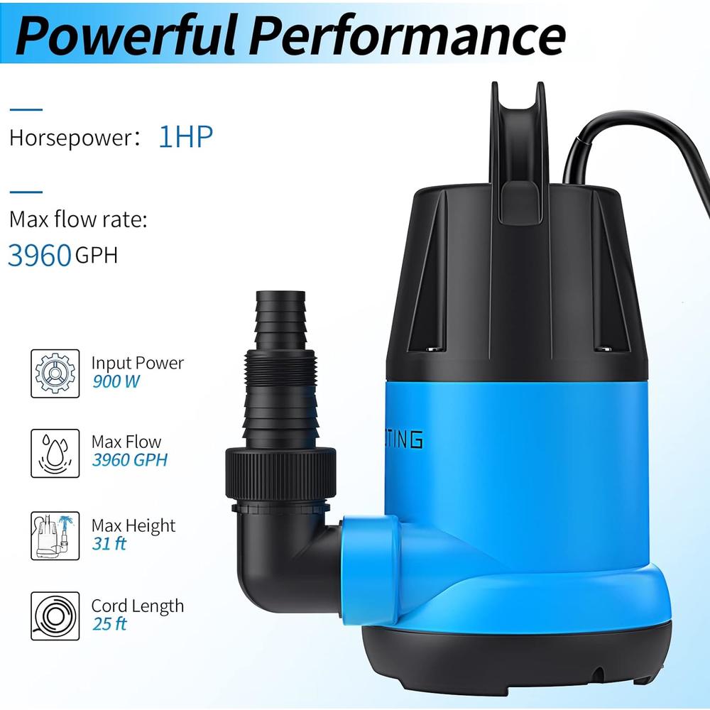FOTING Sump Pump Submersible 1HP Clean/Dirty Water Pump, 3960 GPH Portable Utility Pump for Swimming Pool Garden Pond Basement with 25