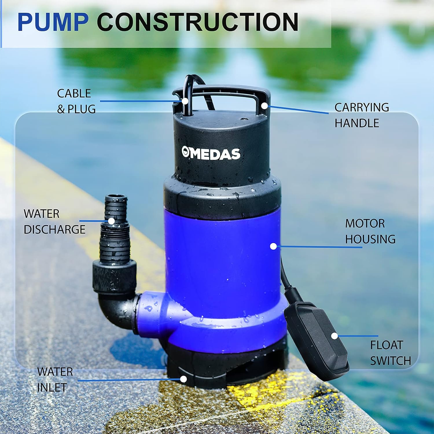 MEDAS 1HP 750W 3170GPH Sump Pumps Submersible Water Pump Sewage Dirty Water Pump w/ Float Switch for Pool and Pond Draining