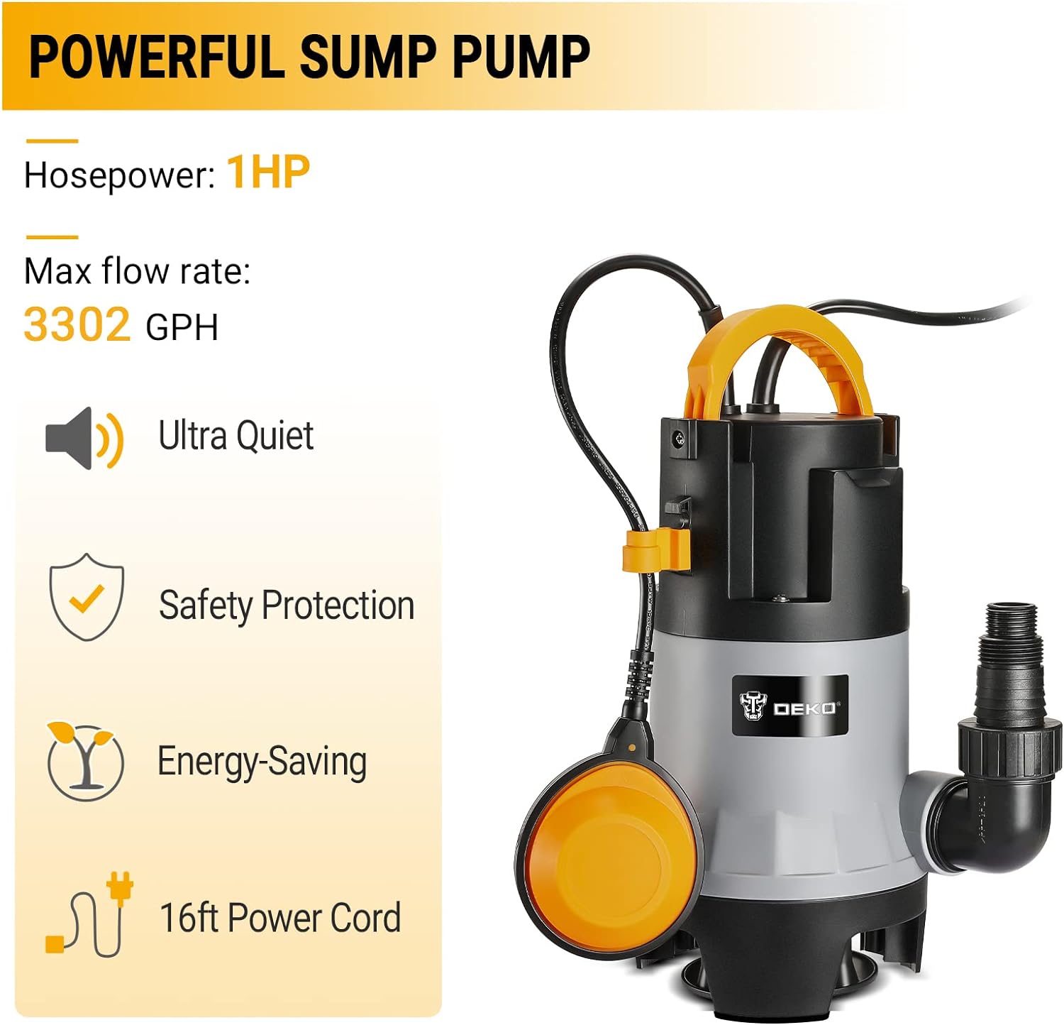 DEKOPRO Sump Pump,750W Submersible Water Pump with Float Switch for Swimming Pool, Tub, and Garden Irrigation and Long 16ft Cable