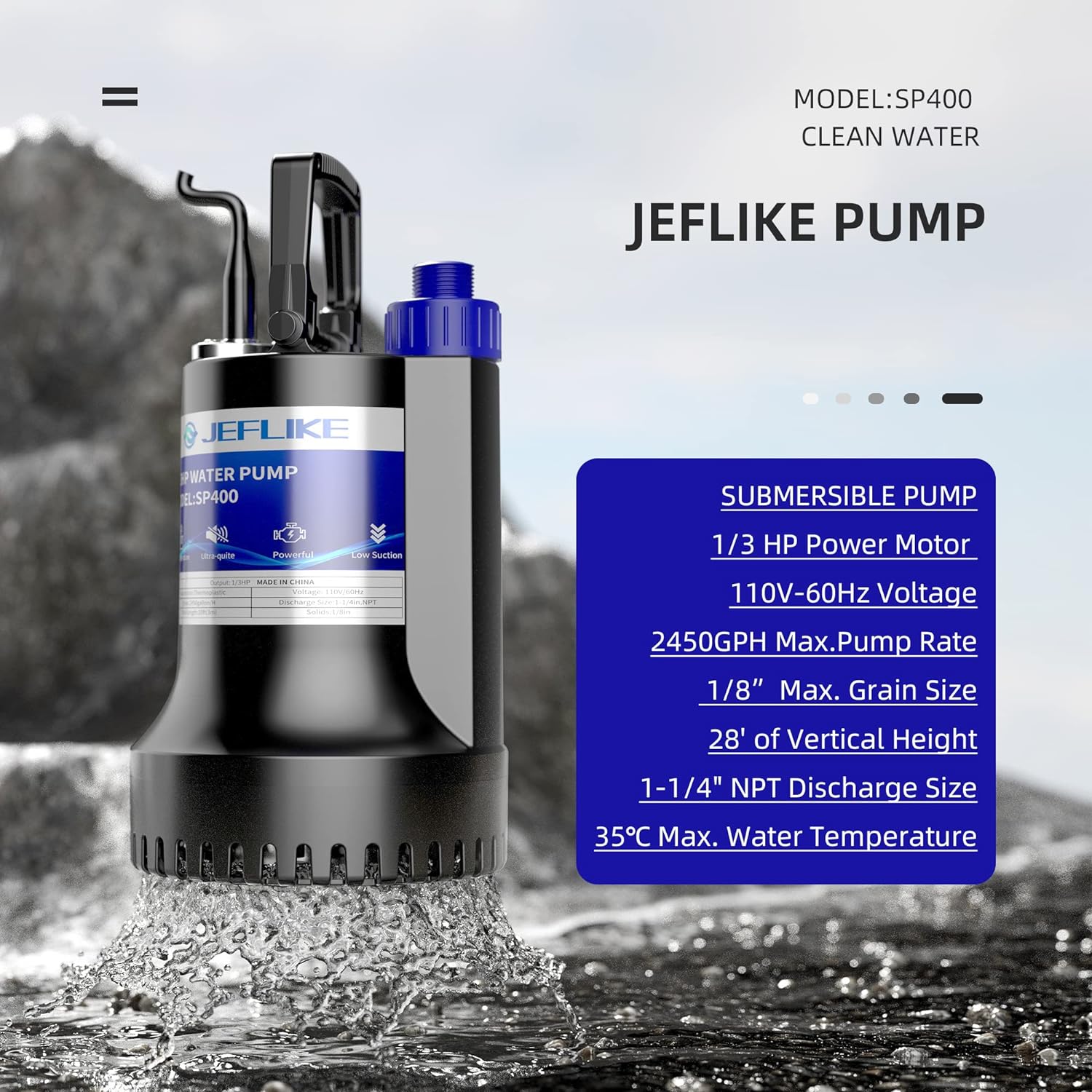 JEFLIKE 1/3HP Sump Pump Submersible Water Pump 2450GPH for Pool Draining Portable Utility Pump Garden Basement Flood Drain Sub Pump wit