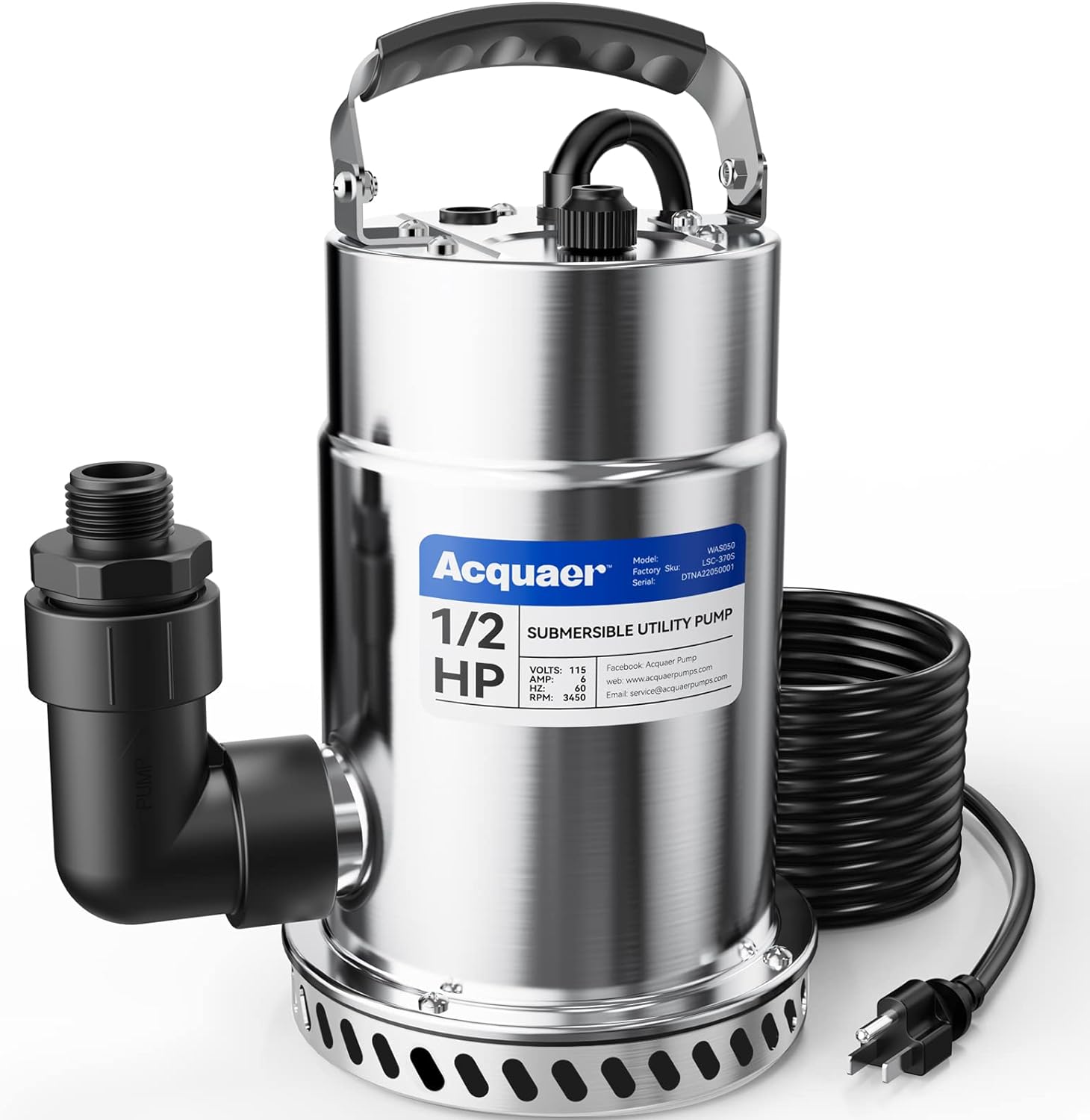 Acquaer 1/2HP Submersible Utility Pump, 3030GPH Stainless Steel Sump Pump, Water Removal for Basement Hot Tub Pool Cover Draining, 30ft